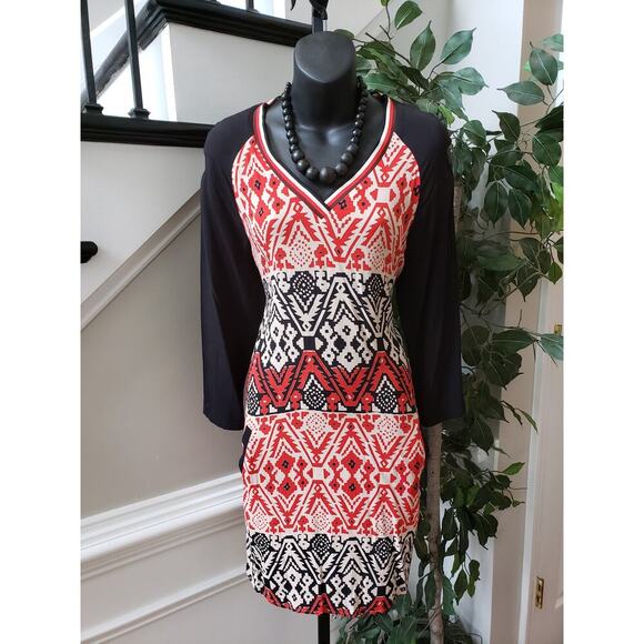 Scotch and Soda Knee Length Dress Womens Multi Geo Print Viscose Split V Neck - Picture 1 of 12